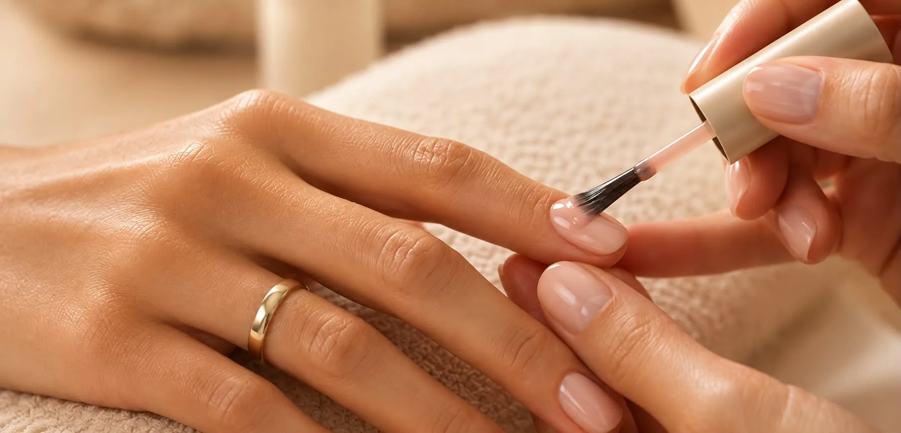 Nagellack wird sorgfältig auf einen gepflegten Fingernagel aufgetragen